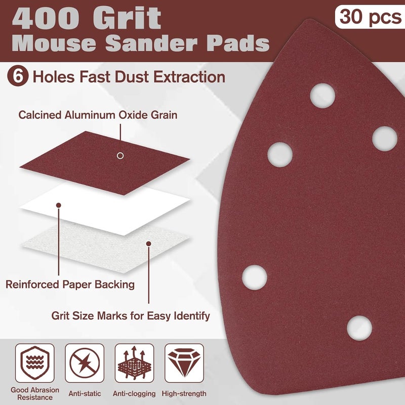 LEONTOOL 30 Pcs Mouse Sander Sandpaper 400 Grit 6 Hole Mouse Sander Pads Hook and Loop Sanding Disc - Image 2